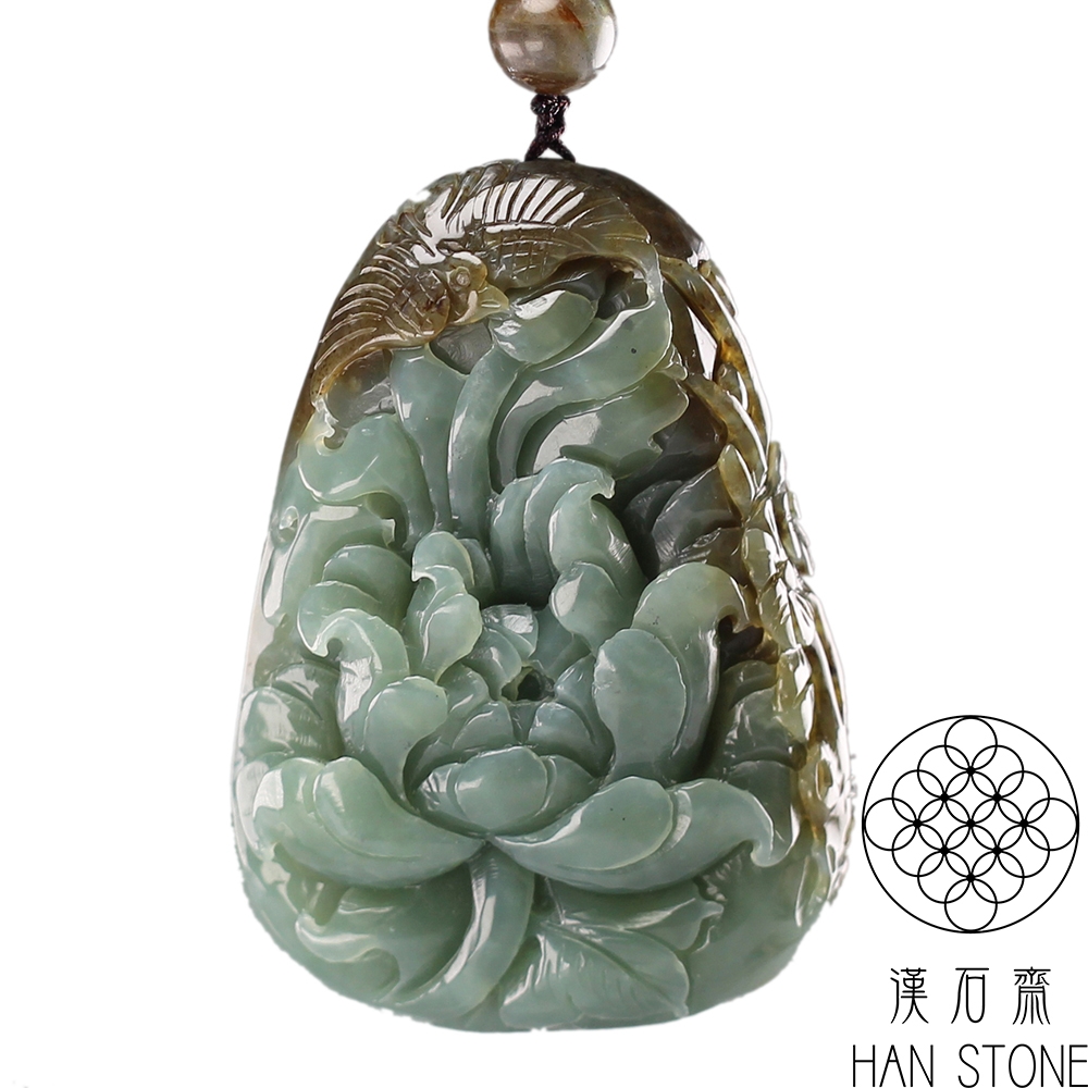 漢石齋】天然A貨和田青玉富貴牡丹玉佩吊墜(49*70*22mm) | 漢石齋