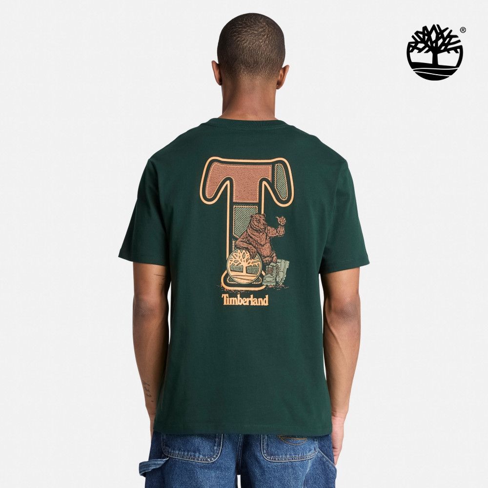 Timberland官方旗艦 男款灰綠色厚磅T字背面圖案短袖T恤|A5TSYEA1