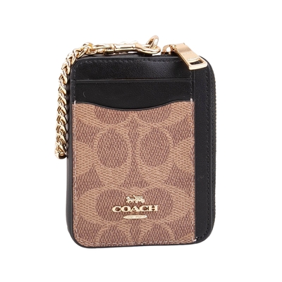 COACH  滿版LOGO拼接皮革方型卡夾拉鍊鍊帶零錢包(卡其/黑)