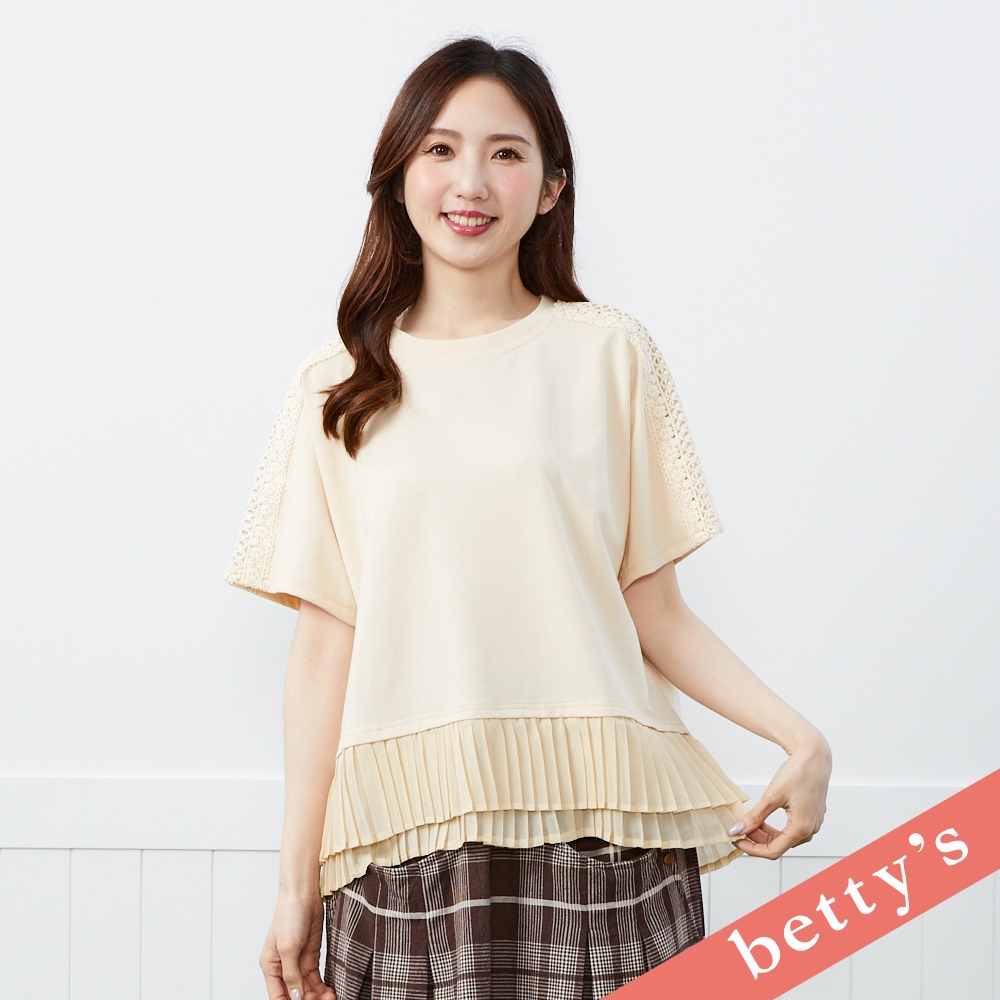 betty’s貝蒂思　下擺壓褶拼接蕾絲肩線T-shirt(卡其) (卡其)