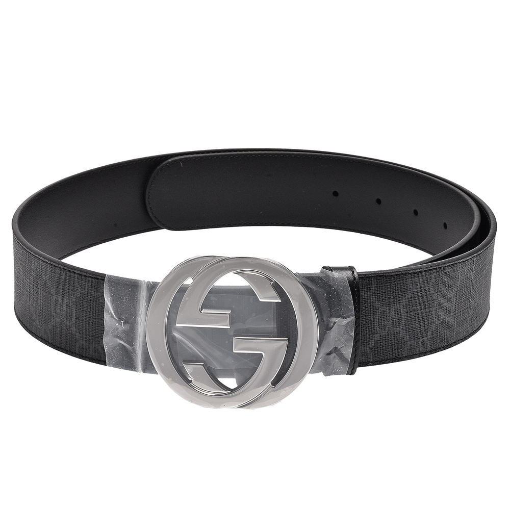 GUCCI 古馳經典雙G金屬銀釦防水帆布皮革腰帶/皮帶(深灰) | GUCCI