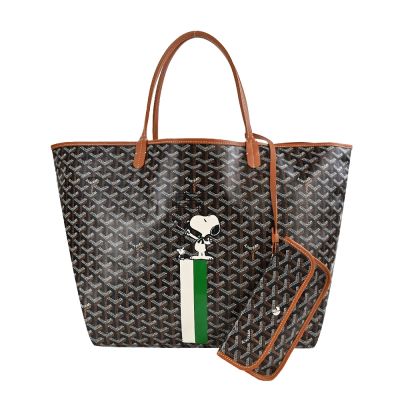 GOYARD STLOUI SNOOPY 聯名款條紋塗料帆布LOGO子母購物包-大/黑棕/白綠 _廠商直送
