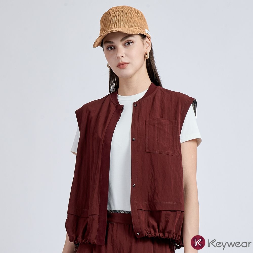 KeyWear奇威名品      抽繩開襟背心-暗紅色