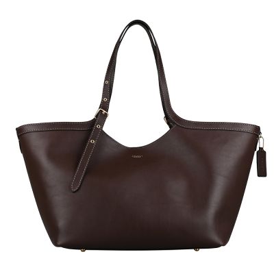 COACH經典Gramercy燙金LOGO不對稱扣飾背帶牛皮磁吸肩背托特包(大/楓樹棕)