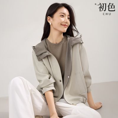 初色 休閒風簡約拼接撞色連帽長袖風衣外套外套女外套-共2色-15379(M-2XL可選)