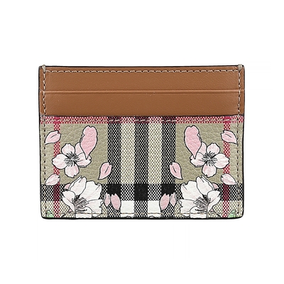 BURBERRY 巴寶莉 Sandon內皮革印字LOGO花卉設計小牛皮4卡開放式卡夾(女款/典藏米x棕)