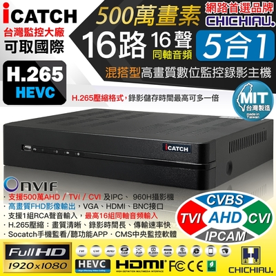 【CHICHIAU】H.265 16路16聲同軸音頻 500萬 AHD TVI CVI 1080P台製iCATCH數位高畫質遠端監控錄影主機