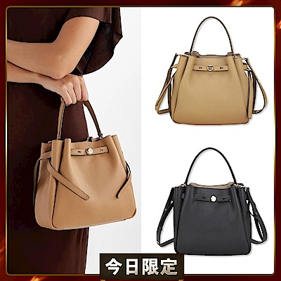 TORY BURCH Romy 鈕扣金屬標誌 荔紋牛皮扣帶 手提/斜背水桶包(2色)