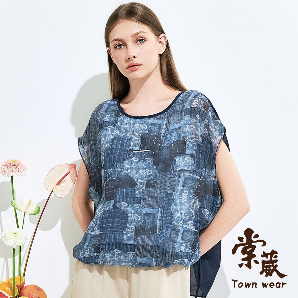 【TOWNWEAR棠葳】霧染花韻透紗連袖上衣(中大尺碼/女上衣/女上著/輕薄/涼感/後背網紗) (藍色系)