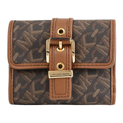 MICHAEL KORS COLBY 滿版印花金屬穿扣三折式零錢短夾(深咖)