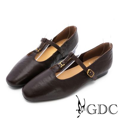 GDC-復古簡約金屬T釦瑪莉珍平底鞋-深咖啡