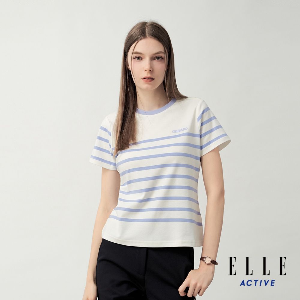 ELLE ACTIVE 女款 肩釦設計條紋圓領短袖T恤-水藍色(EA26S1W1605#31)
