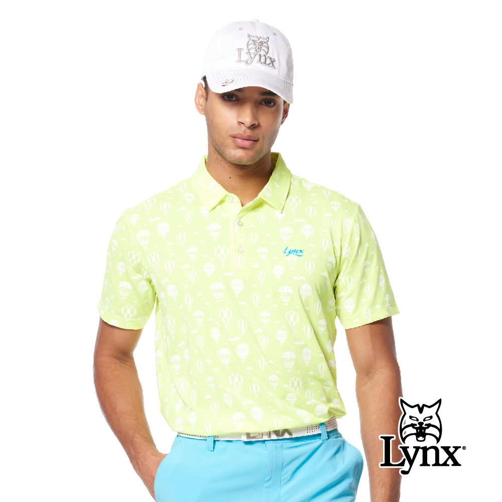 【Lynx Golf】男款吸溼排汗機能螢光色系熱氣球嘉年華印花短袖POLO衫/高爾夫球衫-螢光黃色 (螢光黃色)