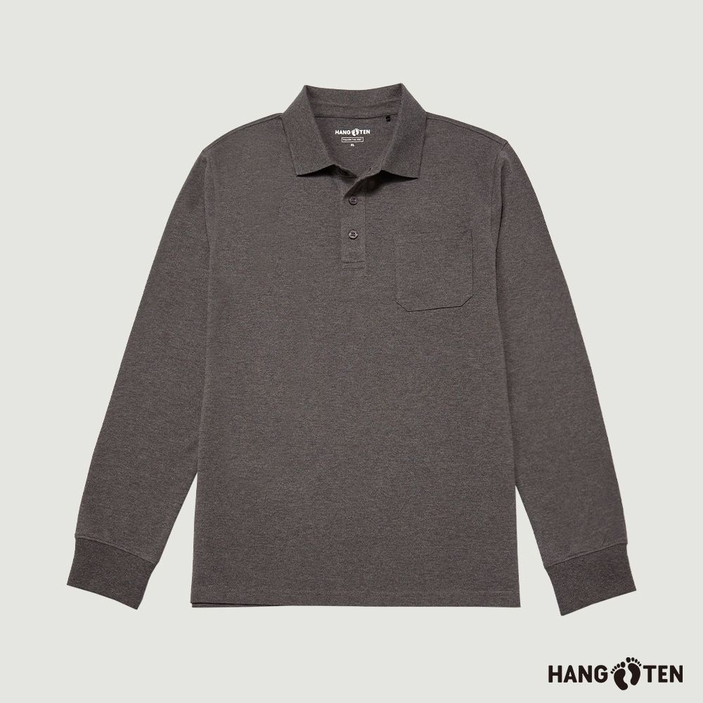 Hang Ten-男裝-經典口袋長袖POLO衫-炭灰花紗