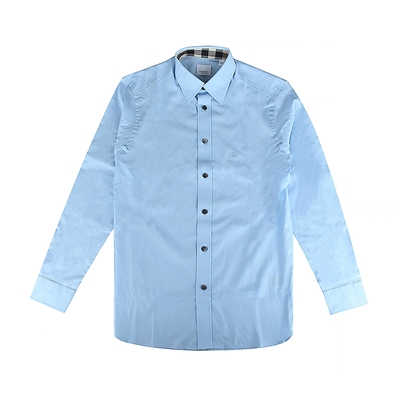 BURBERRY戰馬騎士刺繡LOGO領口內格紋設計棉質混訪長袖襯衫(男款/淺藍)