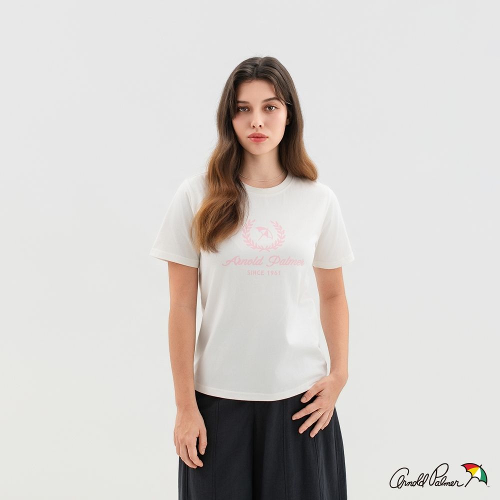 Arnold Palmer 女裝-學院風LOGO印花圓領短袖T-Shirt-白色