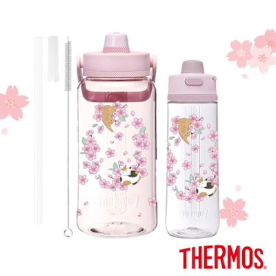 THERMOS膳魔師櫻花貓咪附吸管組輕水瓶2000m