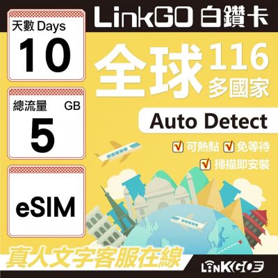 LINKGO白鑽卡 全球116國 eSIM卡 10天上網絡卡 總流量5GB(全球網絡卡 亞洲 歐洲 美洲 大洋洲 非洲)