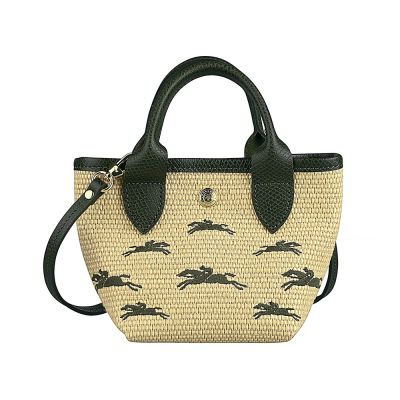 LONGCHAMP 帆布拼接牛皮LE PANIER PLIAGE系列滿版LOGO草編兩用壓釦手提/斜背包(XS/亞麻綠)