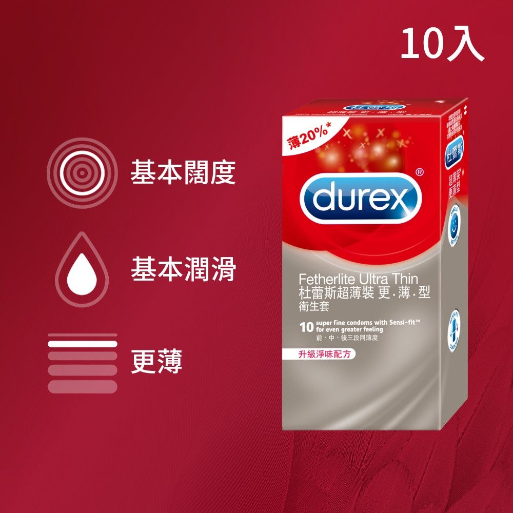 【Durex 杜蕾斯】超薄裝更薄型衛生套1盒(10入)