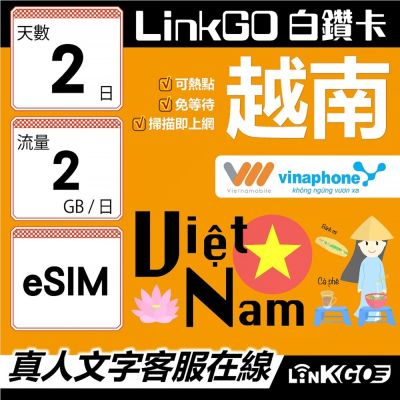 LinkGO白鑽卡 越南 eSIM卡 2天上網卡 每日2GB 雙電信 高速流量(越南網卡 下龍灣 峴港 胡志明市)