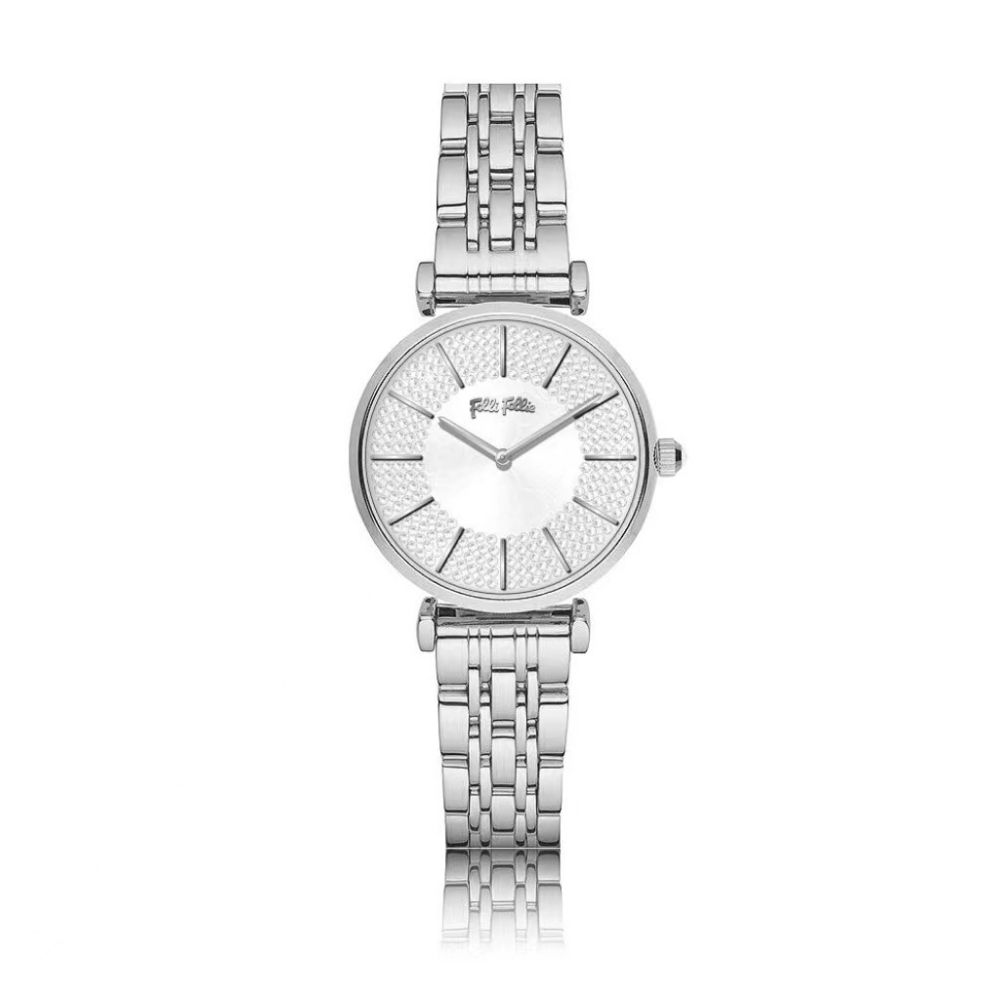 Folli Follie 32毫米 幸運草紋路 滿天星錶盤 不鏽鋼鍊錶帶(銀 FF22B014WW)