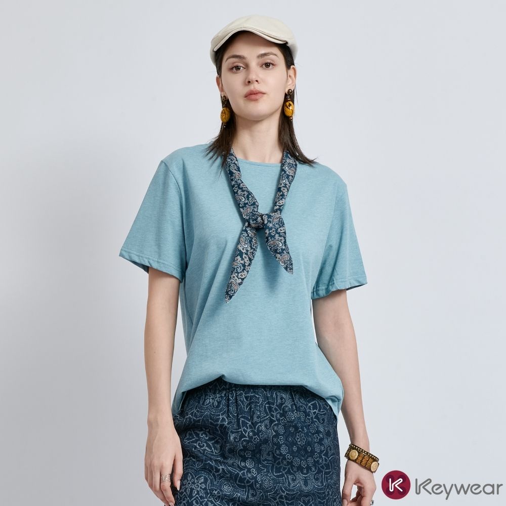 KeyWear奇威名品    腰果花領巾棉質短袖上衣(共2色)-藍色