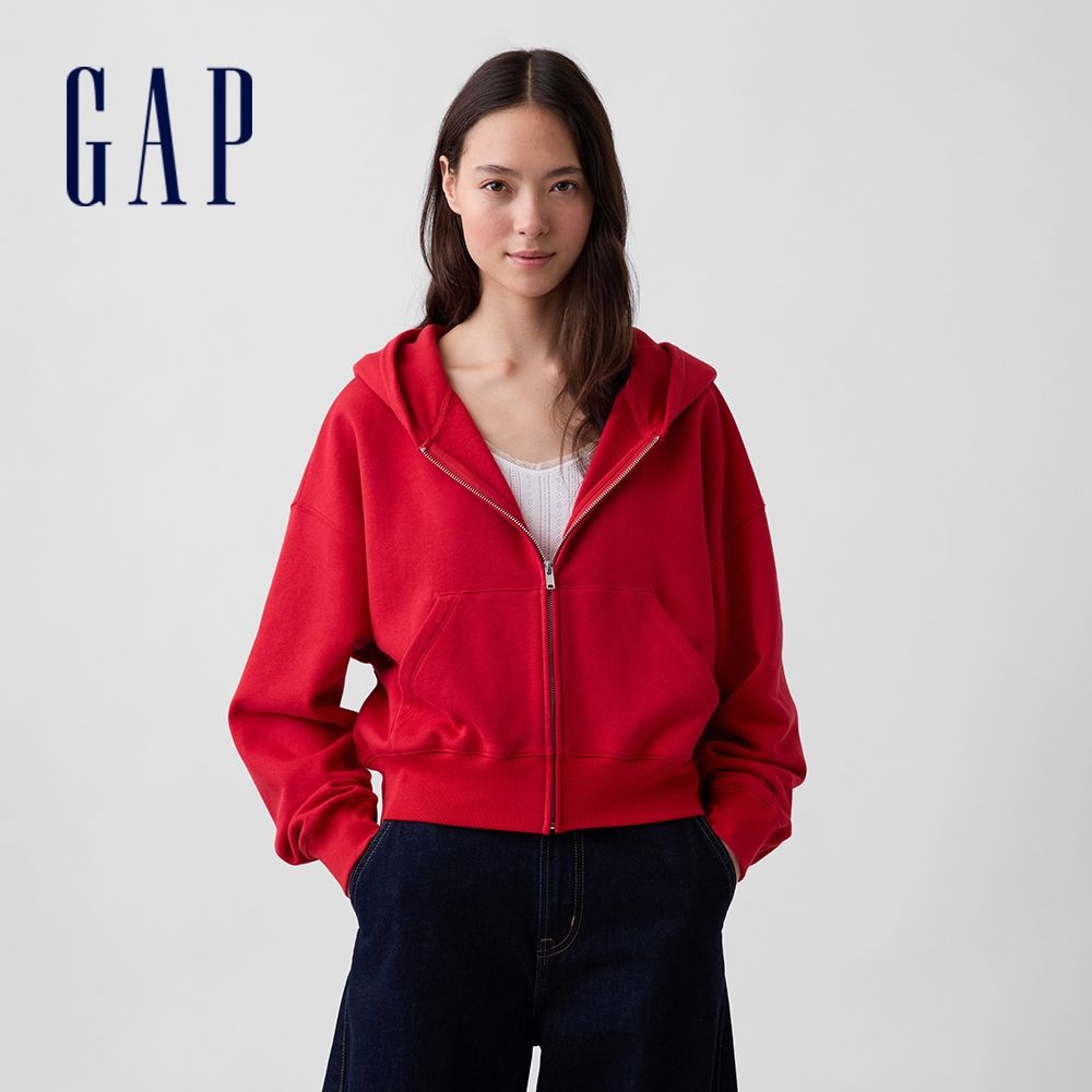 【GAP】VintageSoft楔形剪裁拉鍊連帽外套-紅色(714577) (紅色)