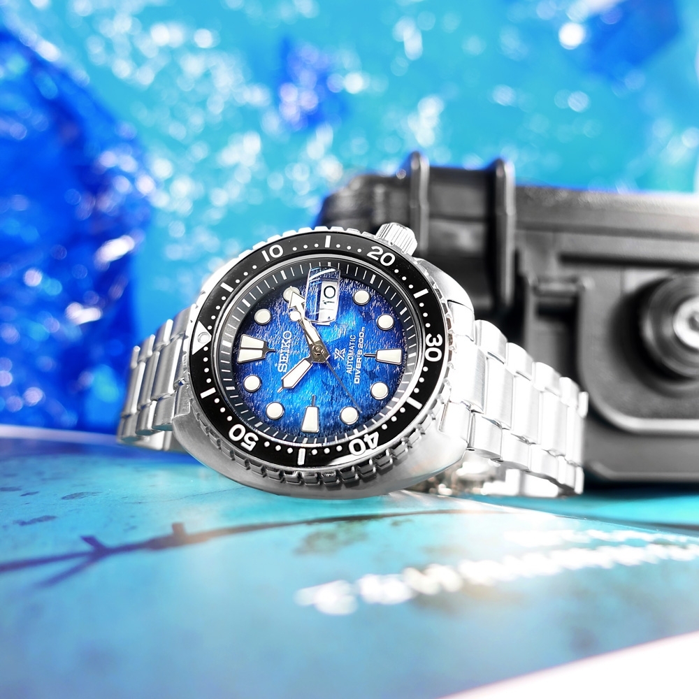 SEIKO 精工魟魚PROSPEX 潛水錶機械錶日期不鏽鋼手錶-藍色/45mm