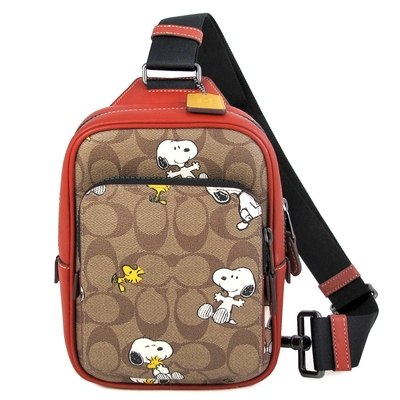 COACH x SNOOPY TRACK史努比聯名款防刮LOGO雙層單肩胸後兩用包(卡其紅)