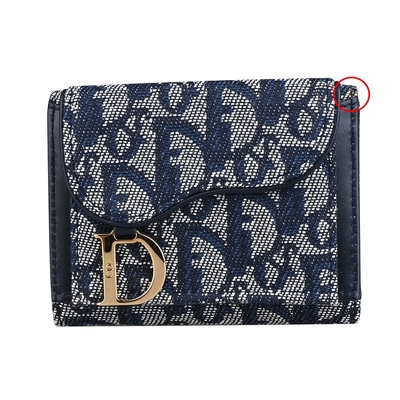 展示品 Christian DIOR 迪奧經典D字環滿版LOGO緹花布扣式三折中夾(丹寧藍)