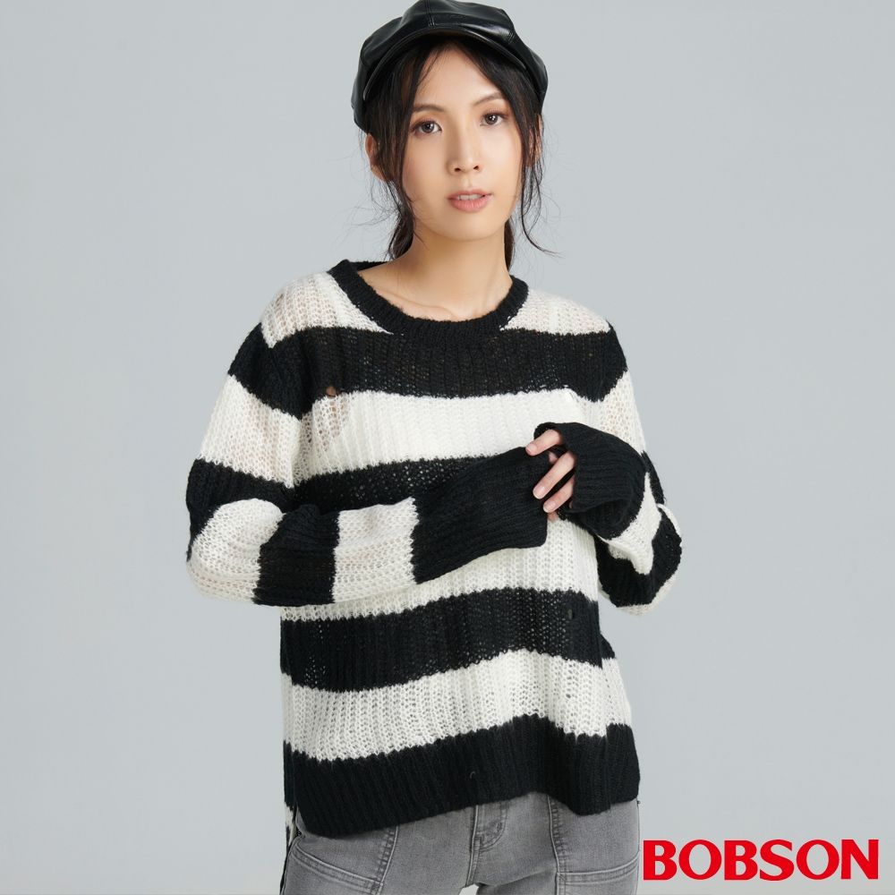 【BOBSON】女款針織破洞條紋上衣 (82072-88)