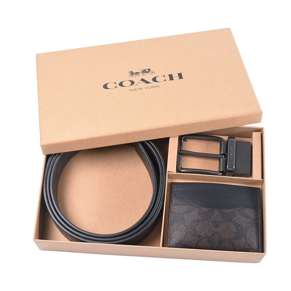 COACH 男款 緹花LOGO雙面用寬版皮帶名片夾禮盒組-咖啡色
