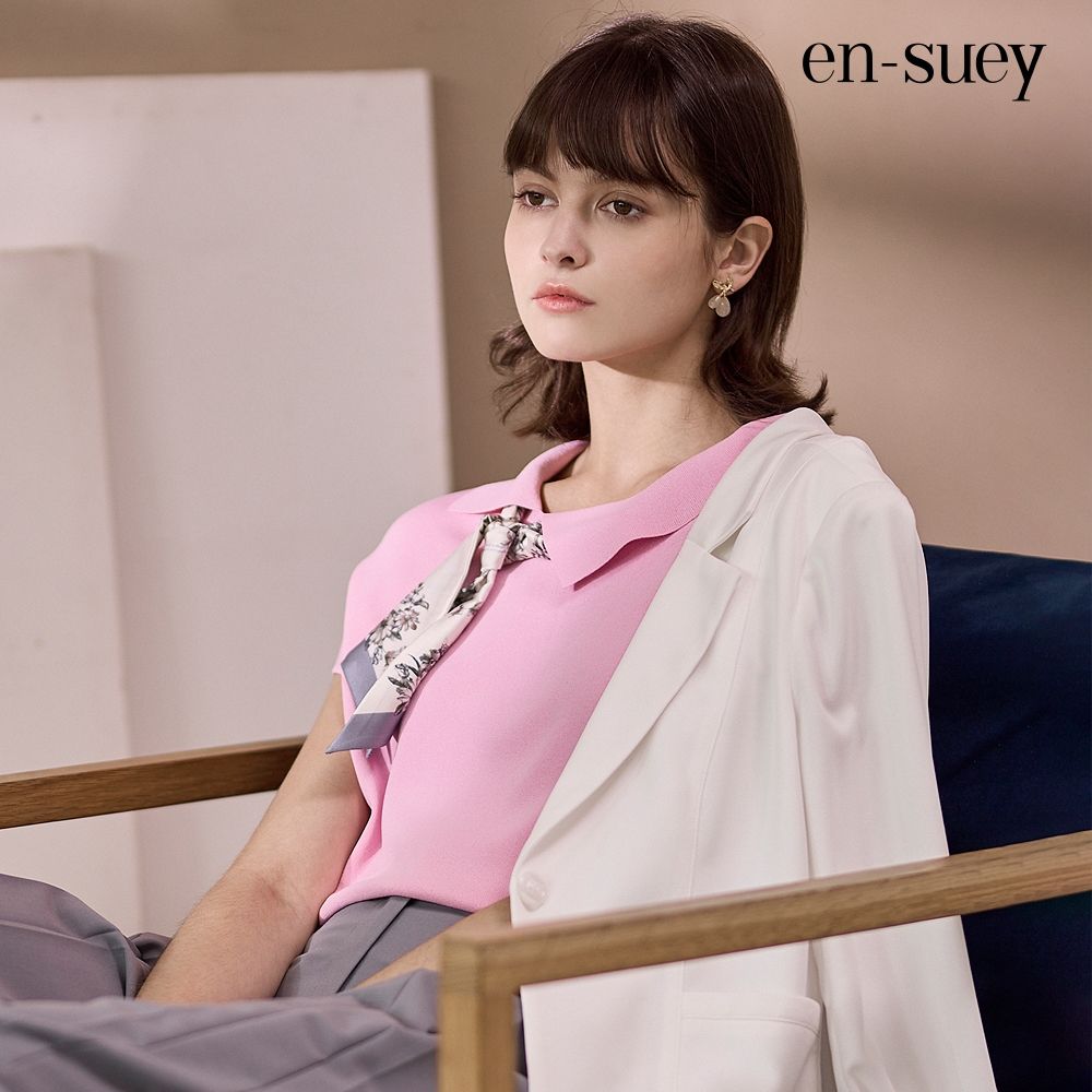 【en-suey 銀穗】EU優雅翻領線衫上衣 (粉色)