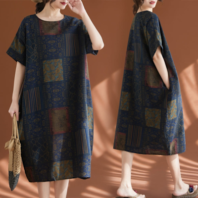 AKARA 日系藝文綿麻青布連身短袖洋裝 (涼感 棉麻 中大尺碼 短袖)