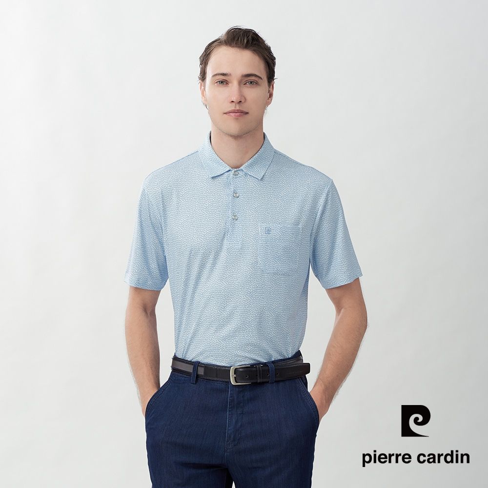 pierre cardin 皮爾卡登 休閒服飾 男款 滿版印花短袖POLO衫-水藍色(5267289-33)