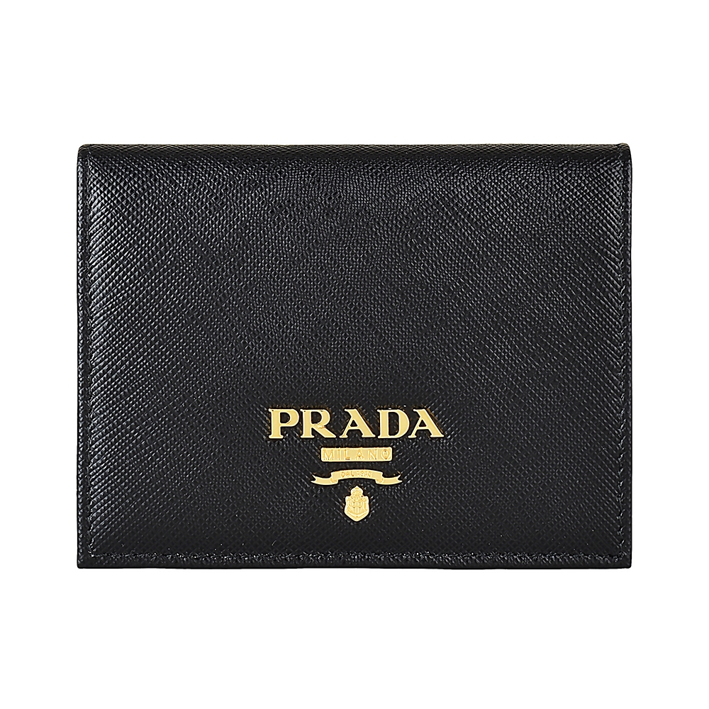 PRADA 普拉達  SAFFIANO METAL金字LOGO防刮牛皮4卡扣式對折短夾(黑)