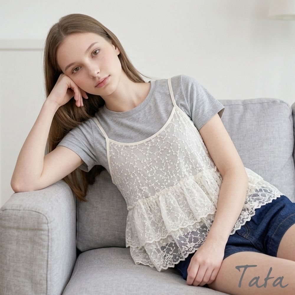 TATA 透視刺繡無袖細肩帶外搭上衣-共二色-F (杏色)