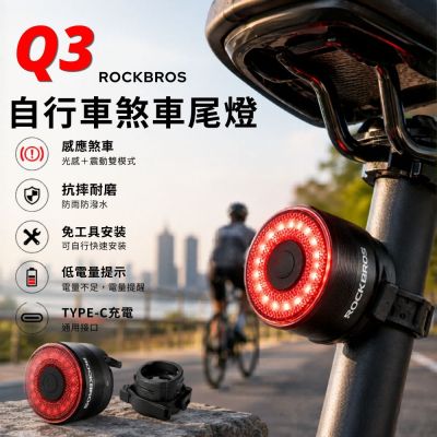 ROCKBROS Q3自行車感應式煞車尾燈 防潑水 煞車燈 尾燈 充電尾燈 警示燈 夜騎燈 單車後燈 尾燈