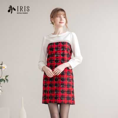 【IRIS 艾莉詩】格紋燒花直筒洋裝-紅-36675