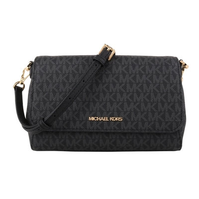 MICHAEL KORS 金字滿版MK皮革釦式斜背包(黑灰/S)