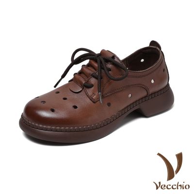 VECCHIO 真皮休閒鞋/全真皮頭層牛皮寬楦舒適縷空沖孔復古繫帶休閒鞋 棕