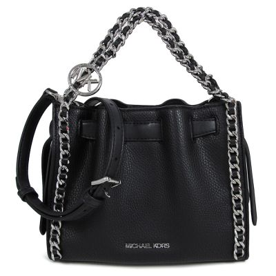 MICHAEL KORS Mina 銀字Logo鵝卵石紋皮革編織銀鏈手提斜背兩用包(黑色)