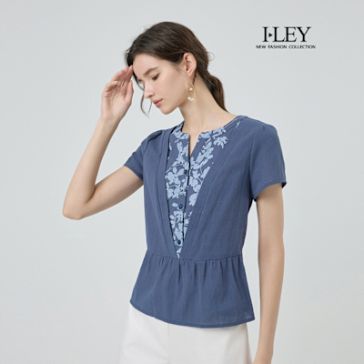 ILEY伊蕾 層次印花拼接純棉上衣(深藍；M-XL)