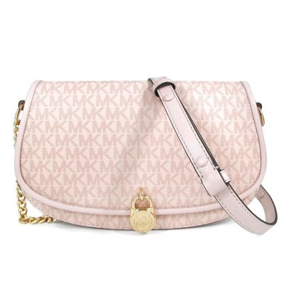 MICHAEL KORS Mila 金鎖頭防刮滿版翻蓋式圓潤斜背包(粉膚色)
