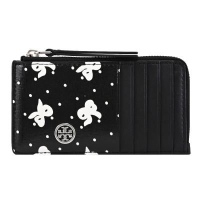 TORY BURCH 金屬LOGO蝴蝶結圓點點L型拉鍊卡夾零錢包(黑)