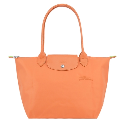 LONGCHAMP LE PLIAGE GREEN系列刺繡長把再生尼龍摺疊水餃包(中/橙)