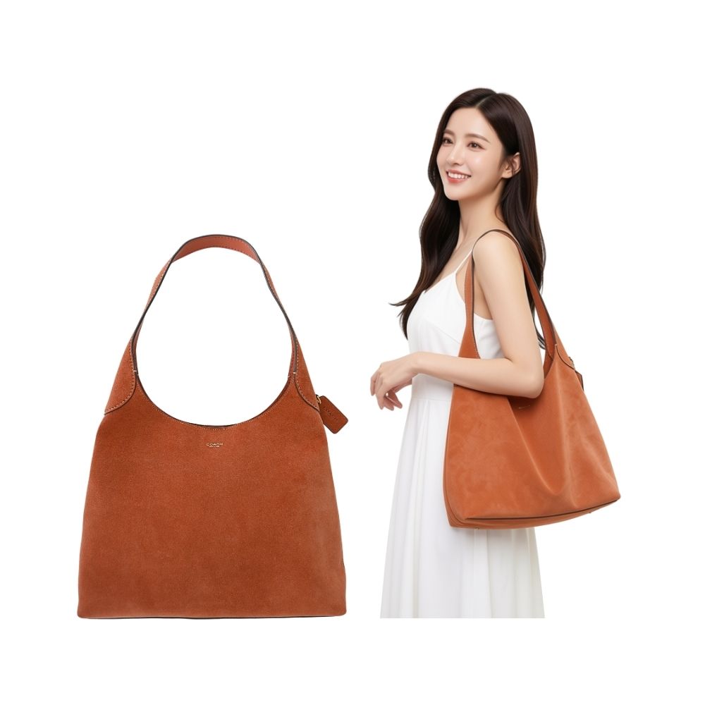 COACH BROOKLYN 34 陶土色麂皮圓弧開口肩背包