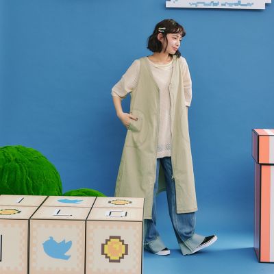 【Dailo】偽丹寧質感壓線休閒無袖洋裝 深藍 卡 灰