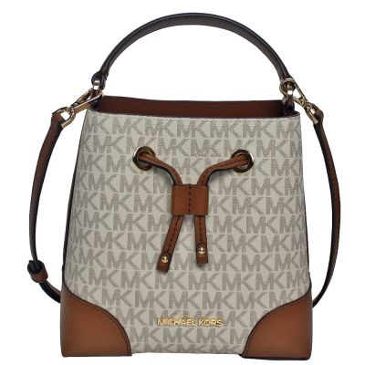 Michael Kors  滿版MK字母防刮皮革手提斜背兩用水桶包(米白/駝)